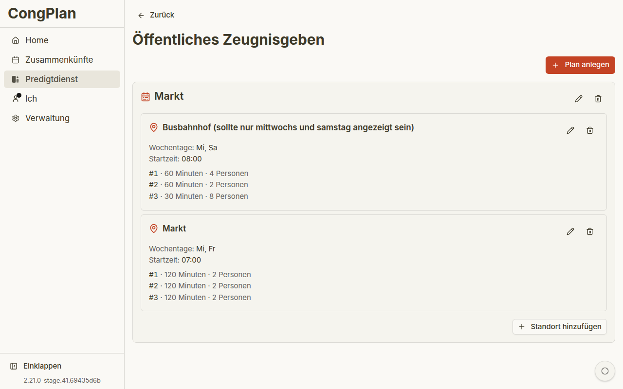 Pläne öffentliches Zeugnisgeben