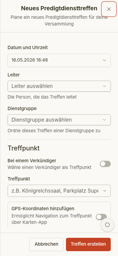 Predigtdiensttreffen erstellen auf dem Handy