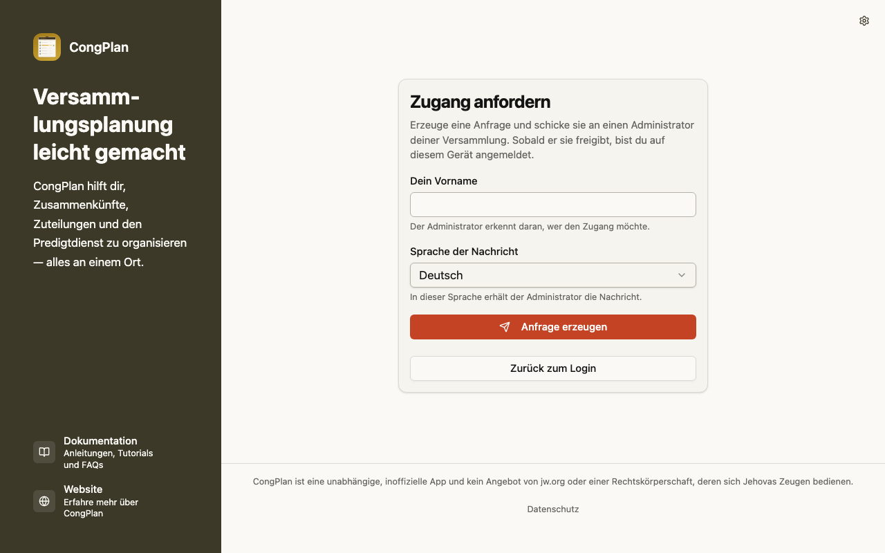 Seite „Zugang anfordern“