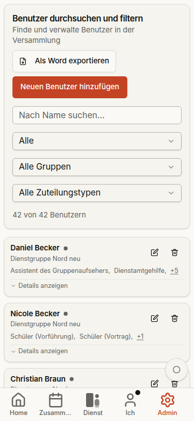 Thomas Benutzerverwaltung auf dem Handy