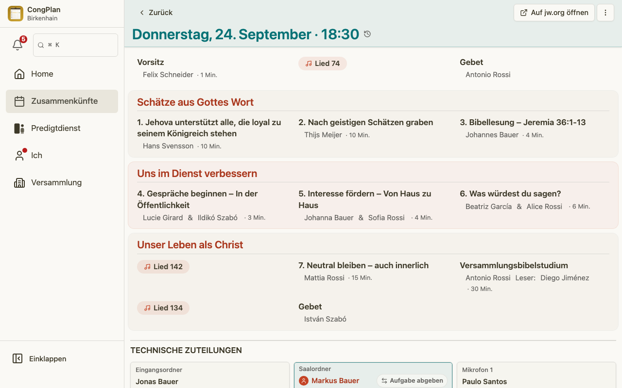 Zusammenkunftsdetails aus Sicht des Dienstaufsehers am Desktop