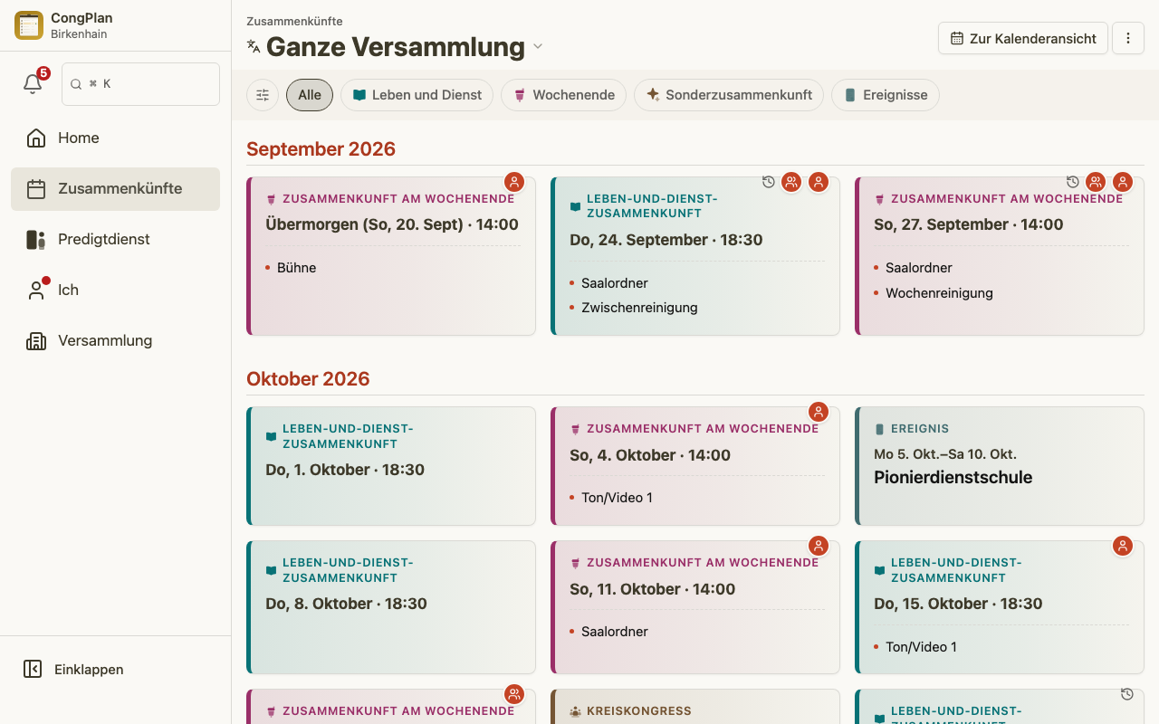Zusammenkunftsliste aus Sicht des Dienstaufsehers am Desktop