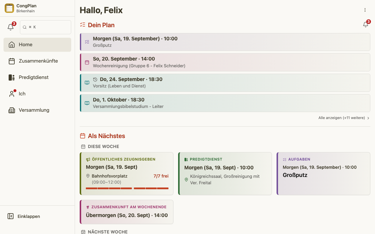 Dashboard des Zusammenkunftsplaners am Desktop