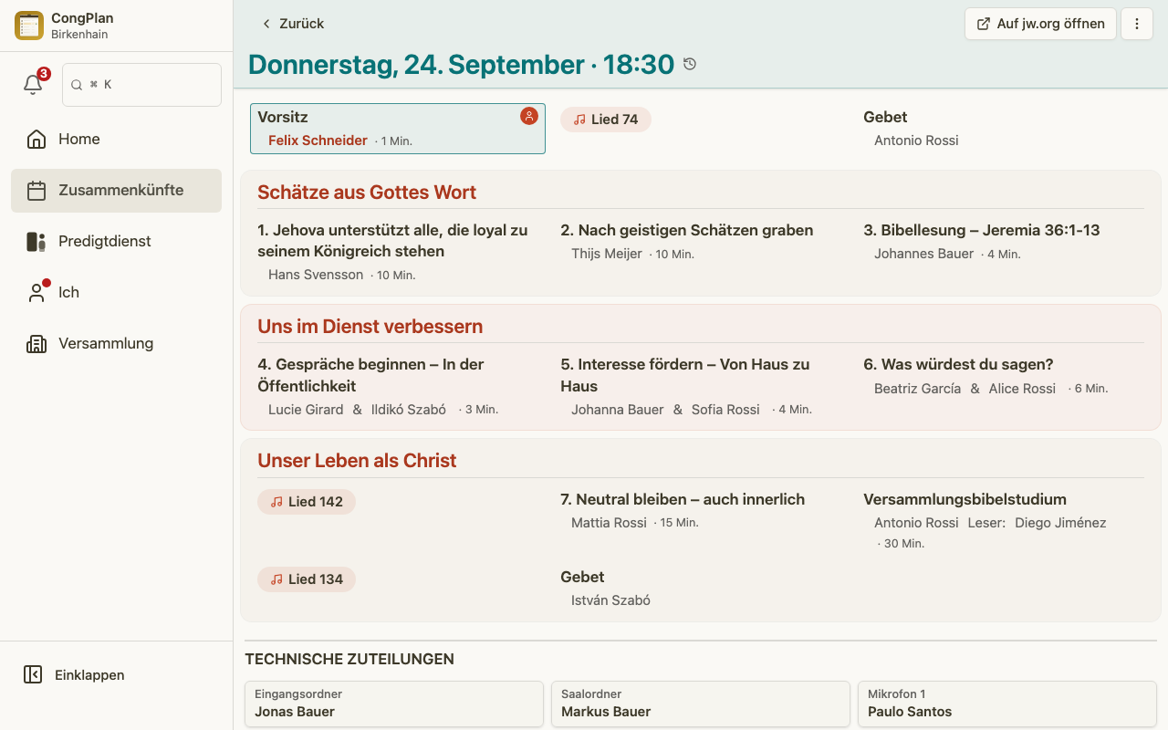 Zusammenkunftsdetails aus Sicht des Zusammenkunftsplaners am Desktop