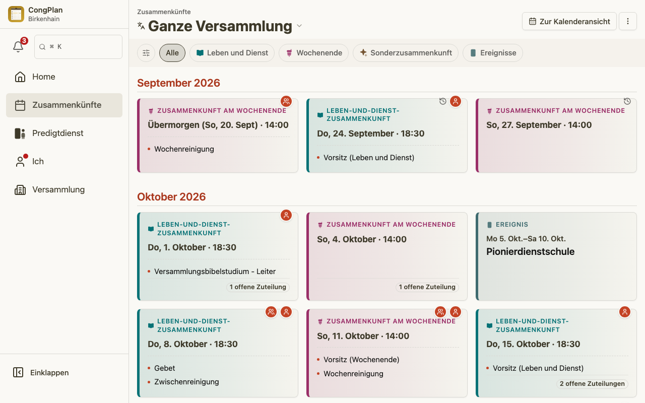Zusammenkunftsliste aus Sicht des Zusammenkunftsplaners am Desktop