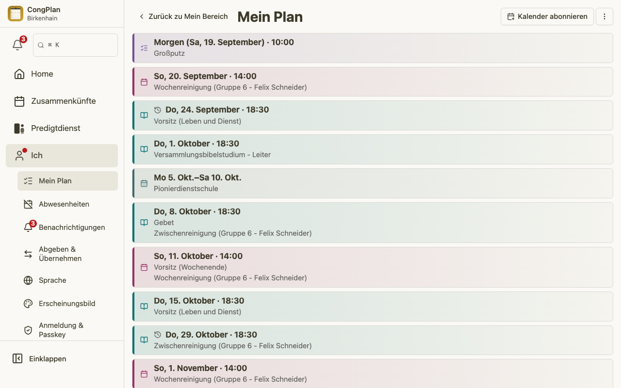 Persönlicher Plan des Zusammenkunftsplaners am Desktop