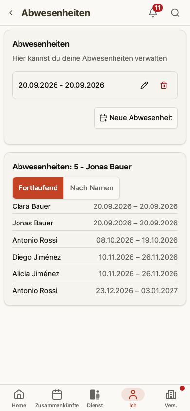 Eigene Abwesenheit eintragen