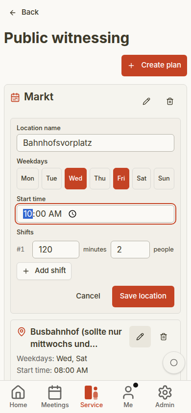 Public witnessing location form on mobile