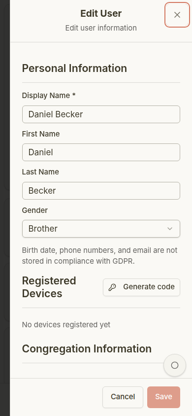User edit sheet on mobile