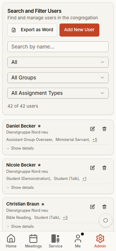 Thomas user management on mobile