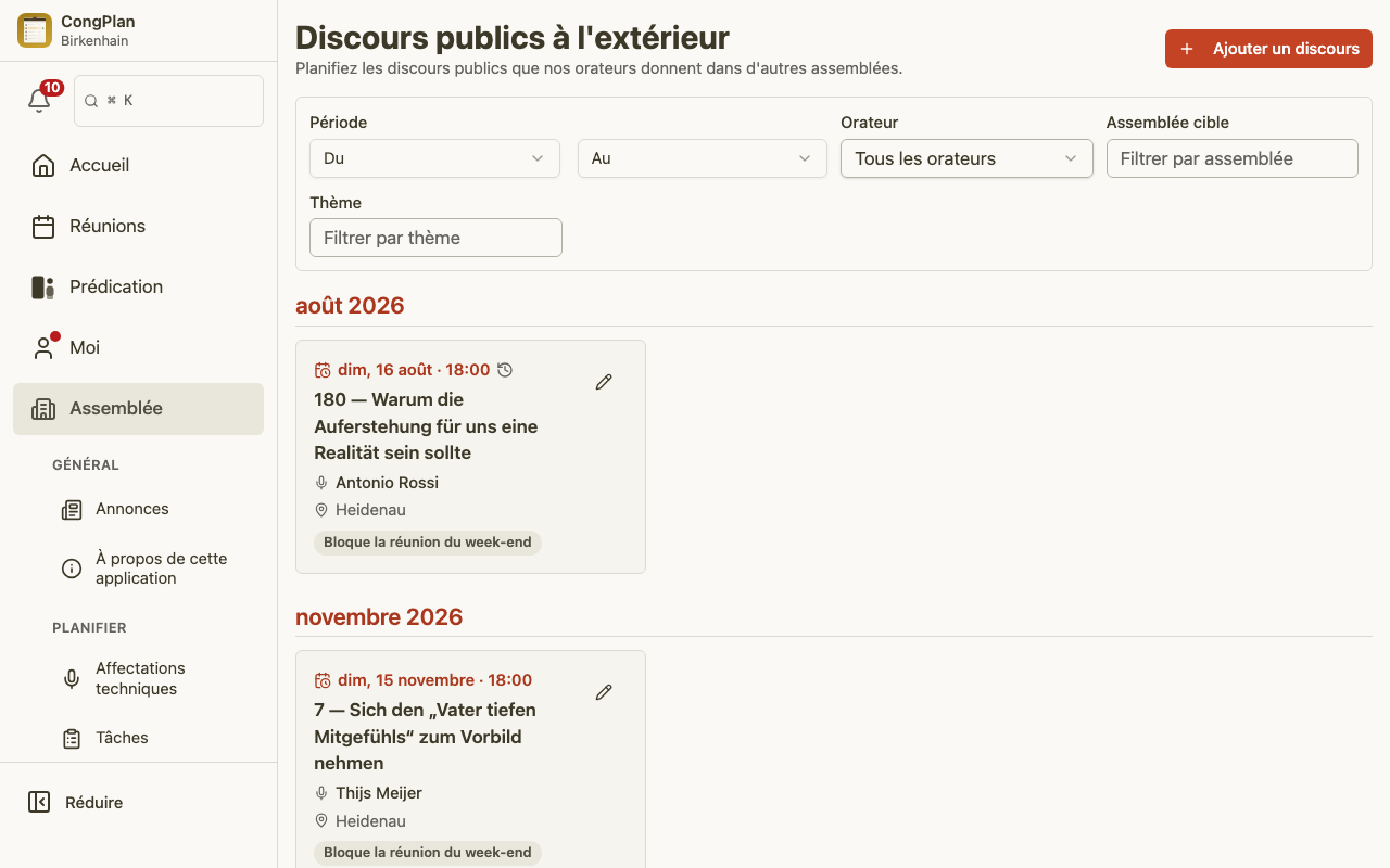 Liste des discours publics à l'extérieur