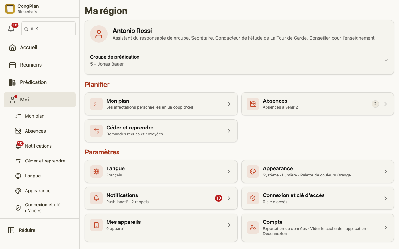 La carte Exportation de données sur la page Compte