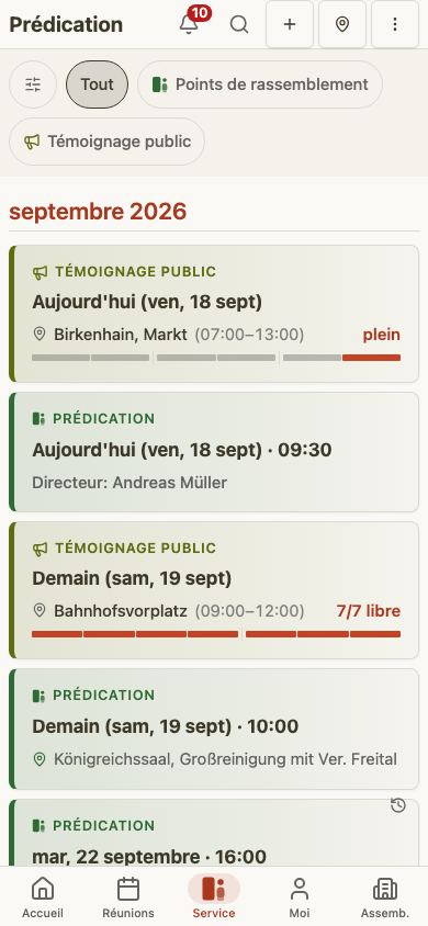 Fiche de création de réunion pour la prédication sur mobile