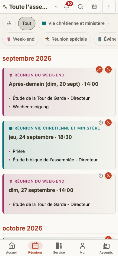 Liste des réunions de l'administrateur sur mobile