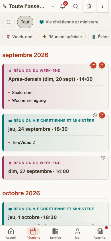 Liste des réunions de l'ancien sur mobile