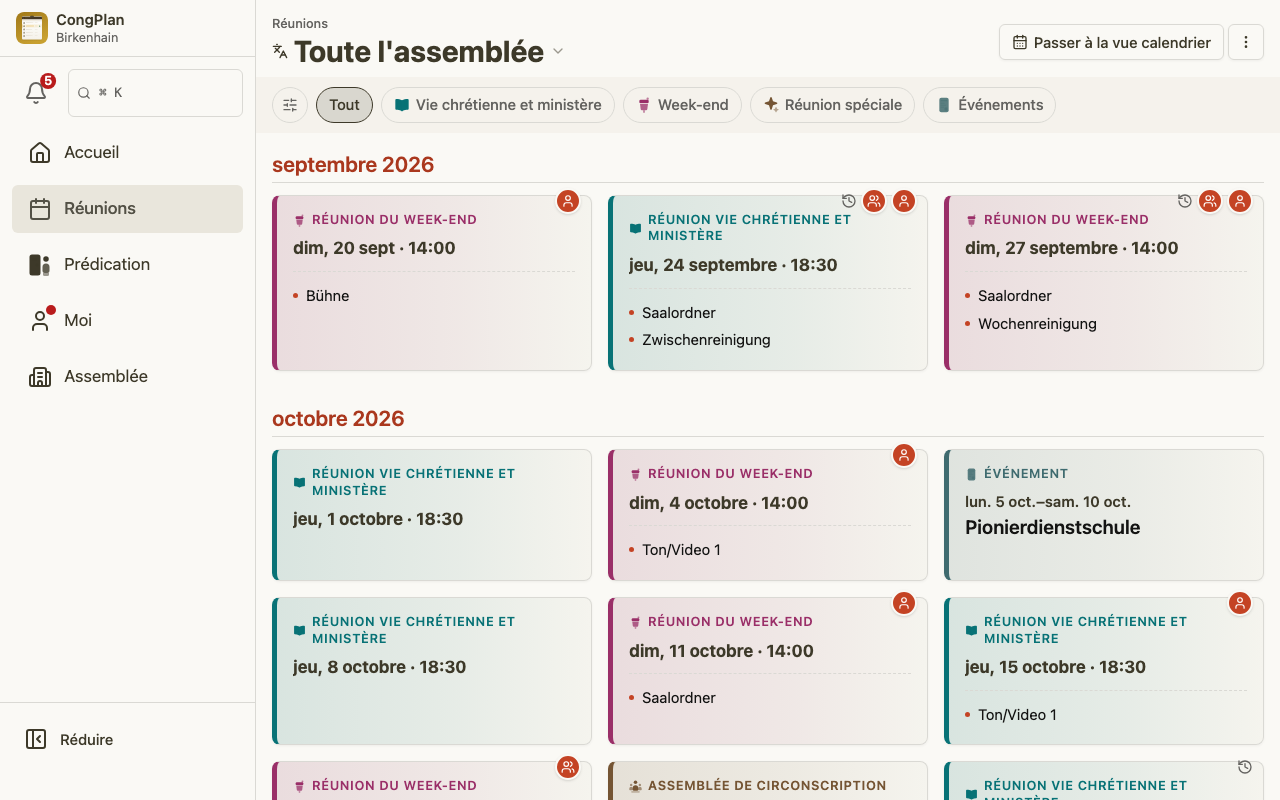 Liste des réunions du responsable de la prédication sur ordinateur