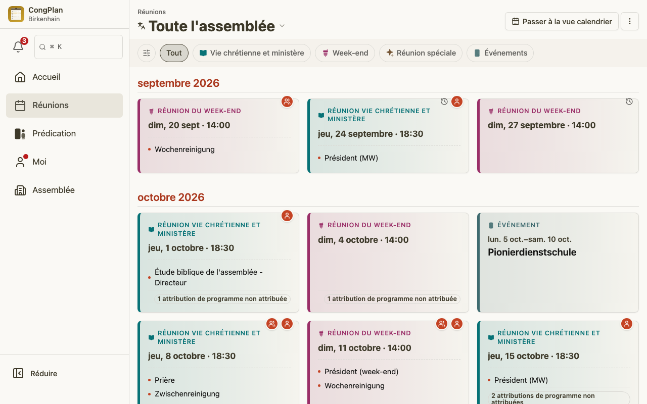 Liste des réunions du planificateur des réunions sur ordinateur