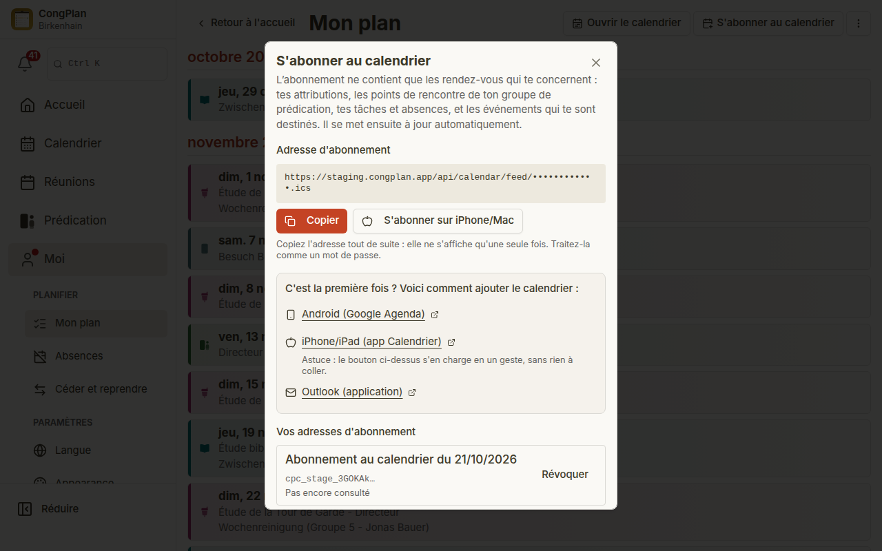 Abonnement au calendrier