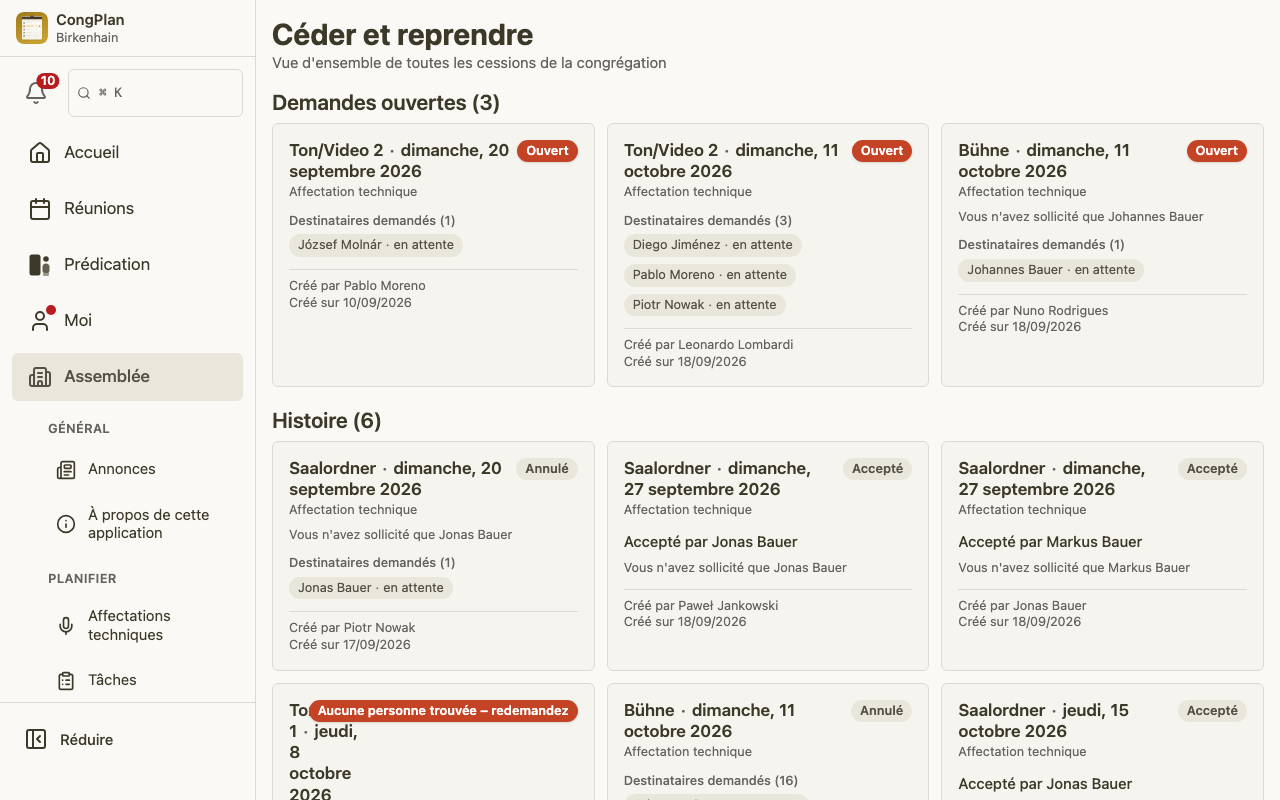 Toutes les cessions de l'assemblée