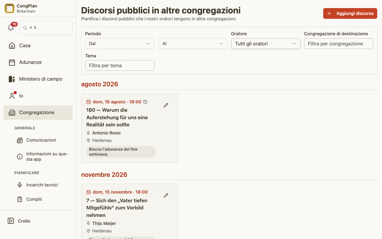 Elenco dei discorsi pubblici in altre congregazioni