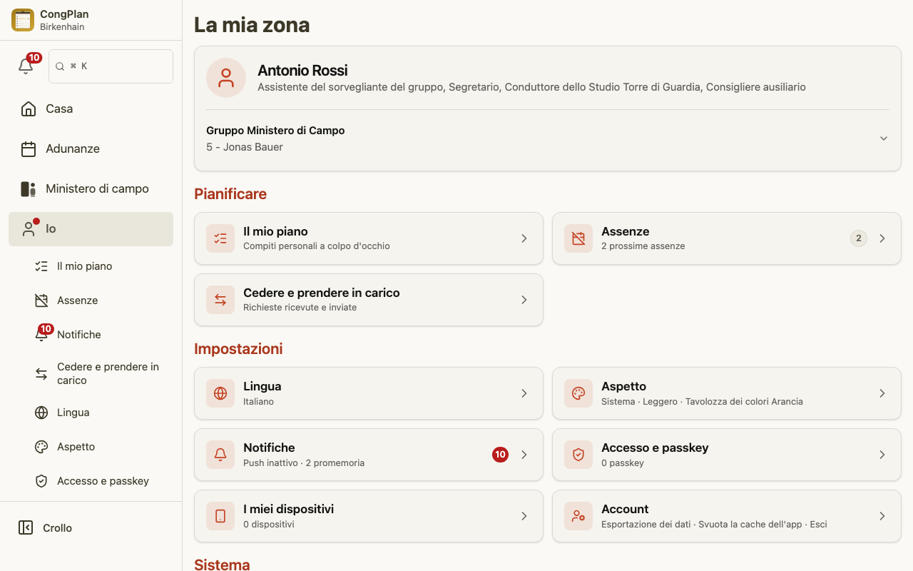 La scheda Esportazione dei dati nella pagina Account