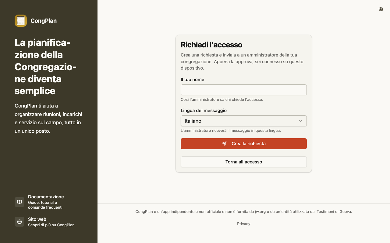Pagina «Richiedi l'accesso»
