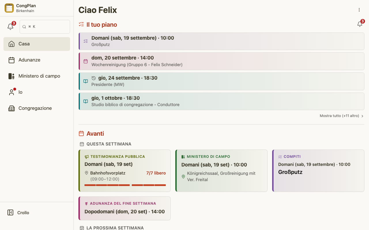 Dashboard del pianificatore delle adunanze su desktop