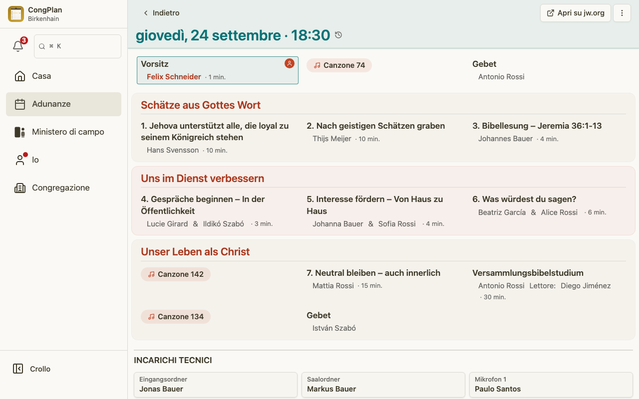 Dettagli dell'adunanza del pianificatore delle adunanze su desktop