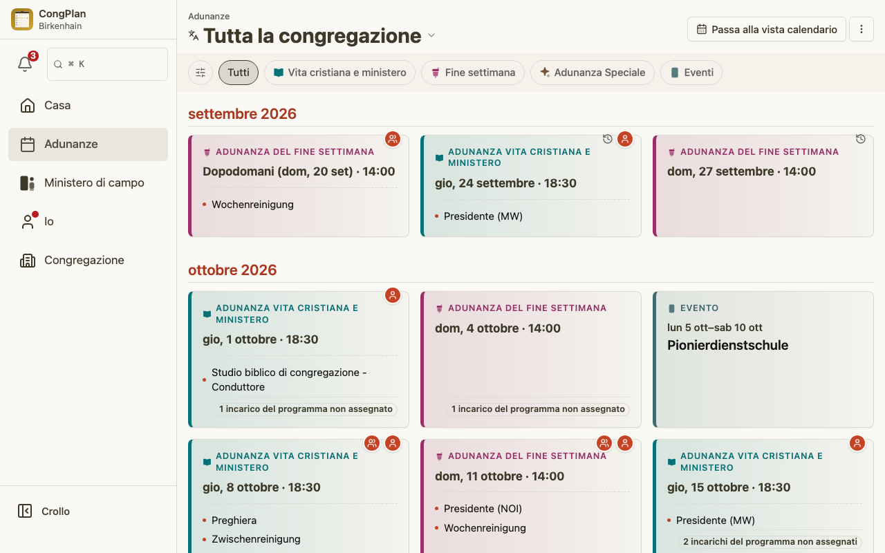 Elenco delle adunanze del pianificatore delle adunanze su desktop