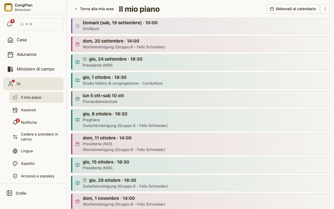 Piano personale del pianificatore delle adunanze su desktop