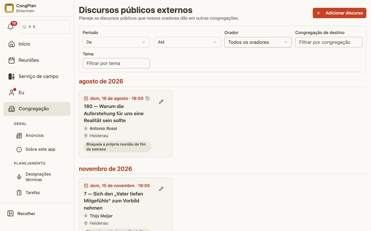 Lista de discursos públicos em outras congregações