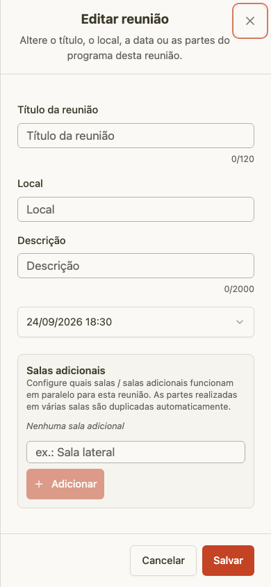 Painel de edição de reunião no celular