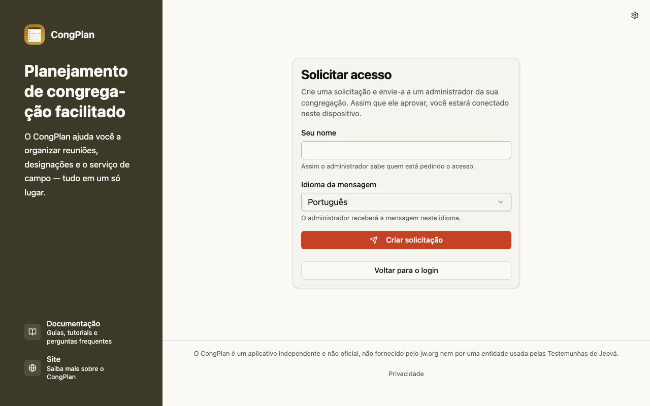 Página de solicitação de acesso