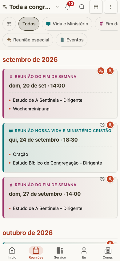 Lista de reuniões do administrador no celular