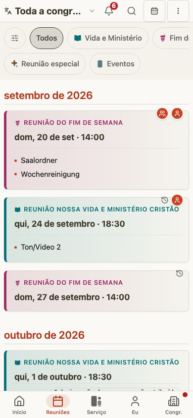 Lista de reuniões do ancião no celular
