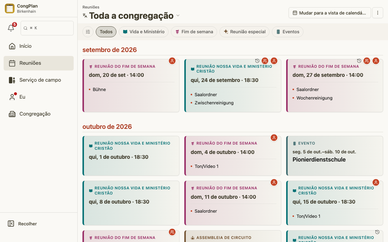 Lista de reuniões do superintendente de serviço no desktop