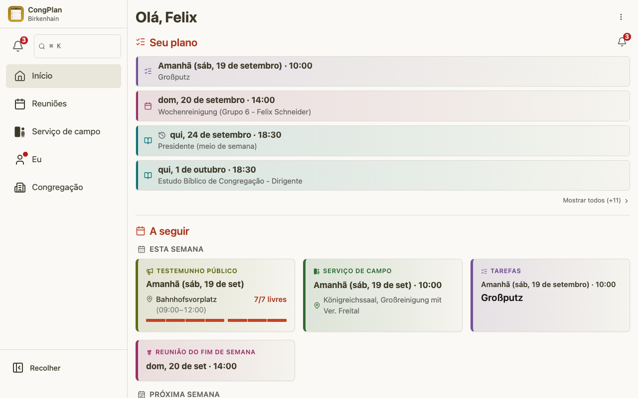 Painel do planejador de reuniões no desktop