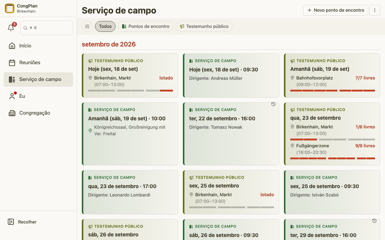 Serviço de campo do planejador de reuniões no desktop