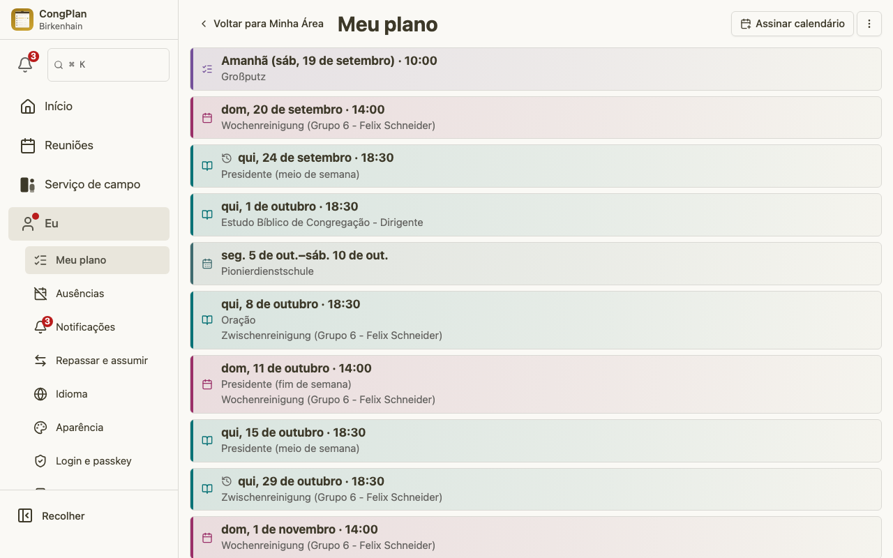 Plano pessoal do planejador de reuniões no desktop