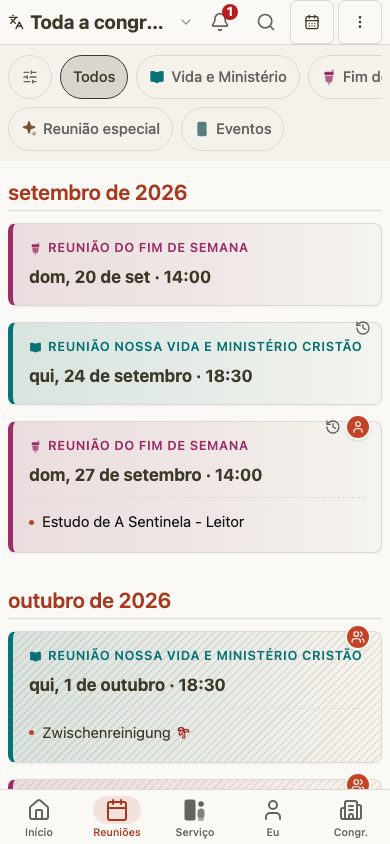 Lista de reuniões do publicador no celular
