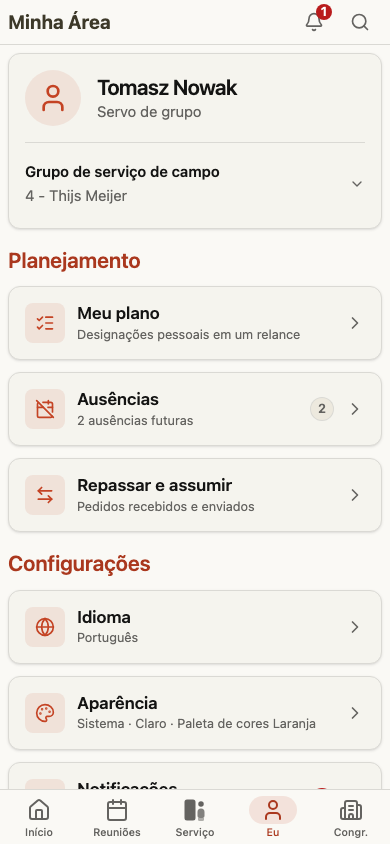 Visão geral da área «Minha Área»